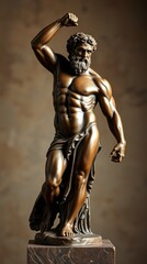 This bronze statue depicts Hercules with defined muscles and a triumphant pose, highlighting strength and heroism. The intricate details reflect mastery in bronze artistry