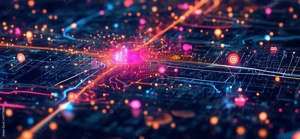Poster a vibrant, abstract representation of a cityscape with dynamic light patterns.