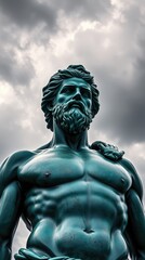 This striking bronze statue of Hercules stands tall, displaying intricate details of his muscular form and facial features against a backdrop of cloudy skies