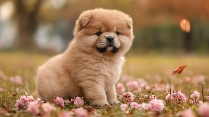 cute fluffy dog sitting on grass ground with fallen leaves falling around 