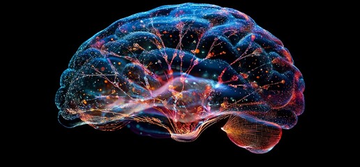 A vibrant, abstract representation of a human brain with neural connections.