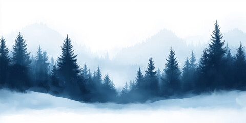 Fototapeta premium An abstract minimalist Christmas background featuring a serene snowy landscape with dark evergreen trees and soft misty mountains in the distance