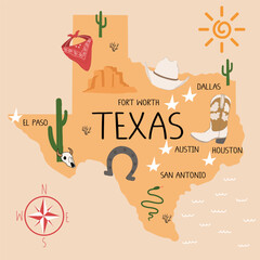 A cute illustrated map of Texas. A western USA state with doodle elements, pants, animals, cities