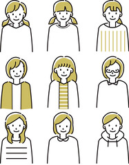 定番　伝わる 人物イラスト　女の子9人10代から30代