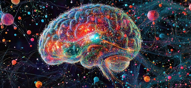 A vibrant, colorful representation of a brain surrounded by cosmic elements.