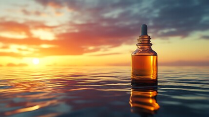 Serene Sunset: Close-Up Photo of Amber Essential Oil Bottle Floating Gently on Calm Ocean Waters. AI Generated