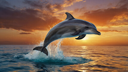 Fototapeta premium Ocean Sunset with Dolphin Jumping