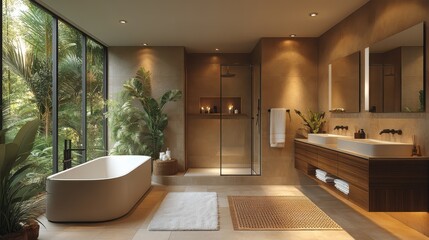 Modern bathroom, Mocha Mousse tiles, clean lines, matte fixtures