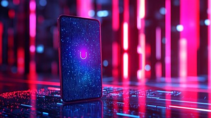 Futuristic smartphone with glowing interface surrounded by vibrant neon lights in a technological atmosphere, reflecting innovation and modern design concepts.