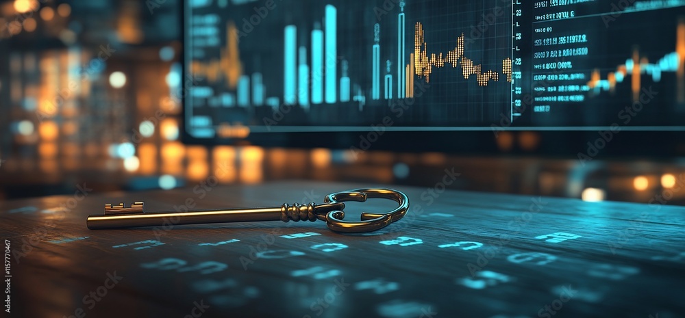 Poster a vintage key rests on a table with financial graphs in the background.