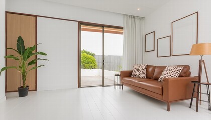 Minimal Style Modern White Living Room Featuring a Blank White Wall for Copy Space A Perfect Canvas for Personalization and Design Inspiration in Contemporary Interiors
