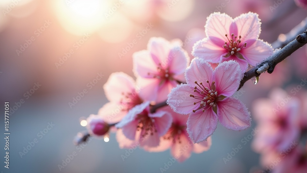 Poster the image is a close-up of a branch of a tree with pink flowers. the flowers are in full bloom and h