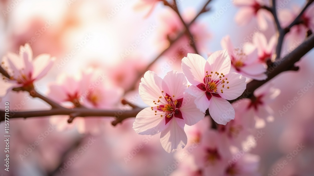 Poster the image is a close-up of a branch of a tree with pink flowers. the flowers are in full bloom and h