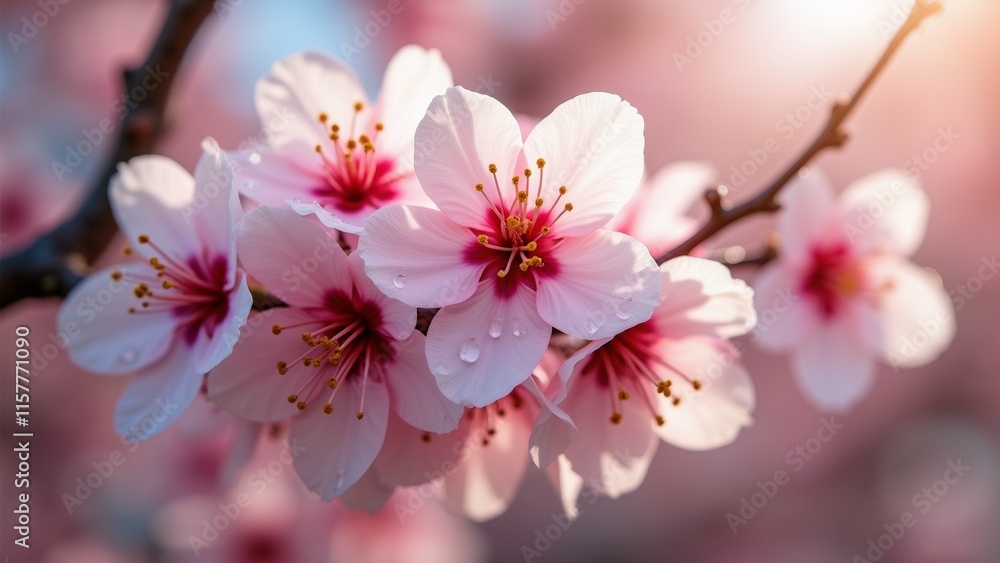 Poster the image is a close-up of a branch of a tree with pink flowers. the flowers are in full bloom and h