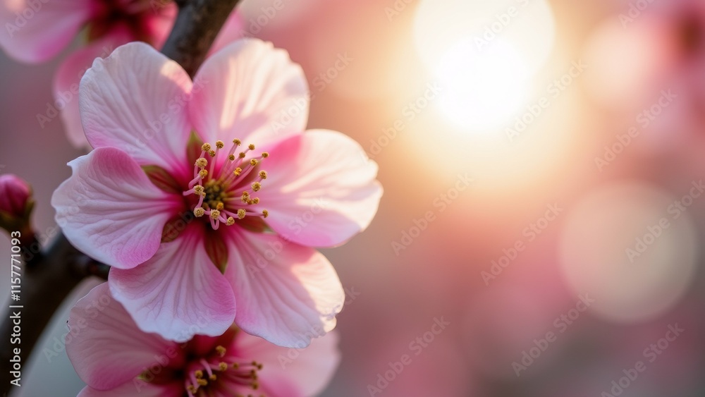 Poster the image is a close-up of a pink flower on a tree branch. the flower is in full bloom and has multi