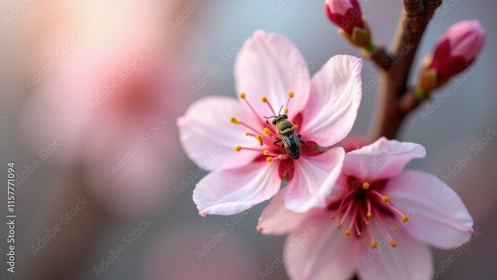 Poster the image is a close-up of a pink flower with a bee on it. the flower is in full bloom and has multi