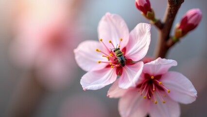 The image is a close-up of a pink flower with a bee on it. The flower is in full bloom and has multiple petals that are a soft pink color with yellow stamens.