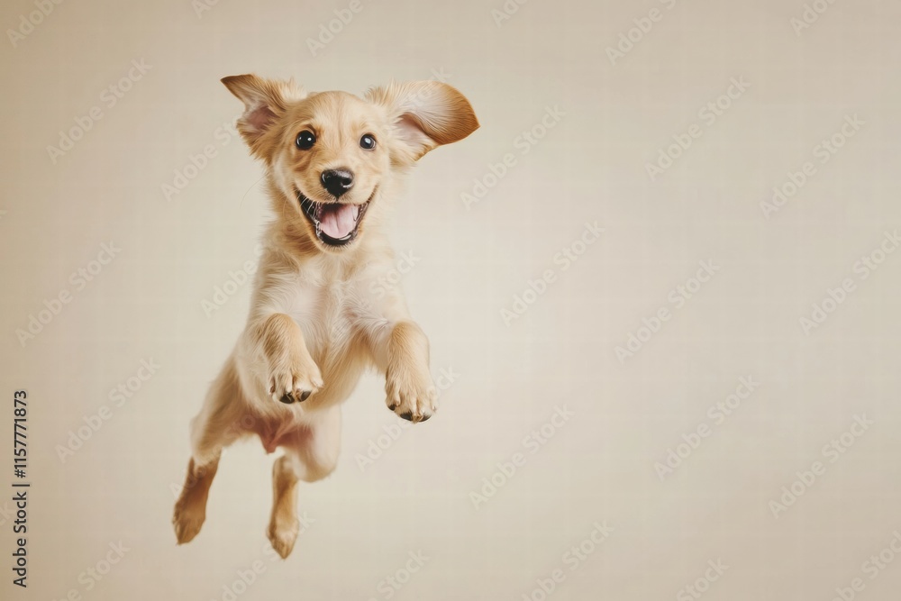 Aufkleber joyful puppy leaps in mid air with excitement against a neutral background for mock up text placemen