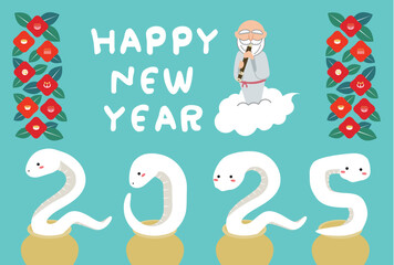Naklejka premium 2025年年賀状Happy New Year 笛を吹いた神様と壺から白蛇 水色