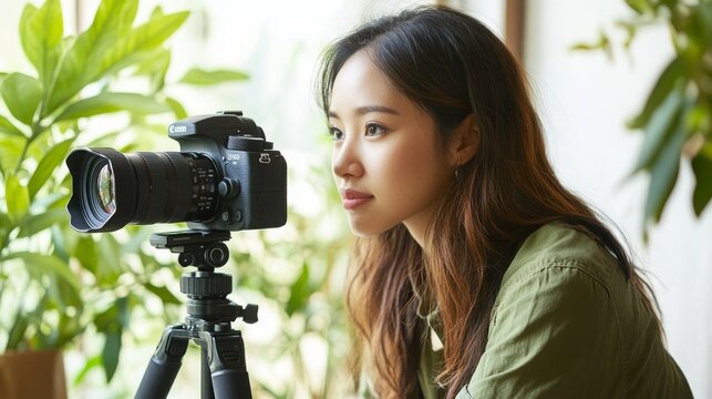 Young woman focused on photography work in a bright and airy indoor setting with plants, capturing moments with her camera on tripod, showcasing creativity and passion.