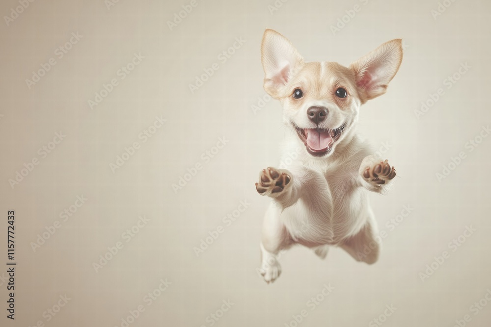 Poster joyful puppy leaps in mid air with a playful expression and plenty of copy space for creative use. g