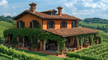 Fototapeta premium Orange villa nestled in vineyard, sunny day.