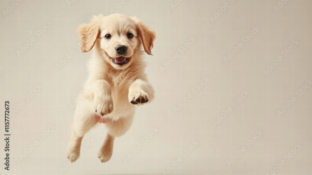 Poster joyful puppy jumps happily in mid air showcasing playful spirit with space for personalized text or 