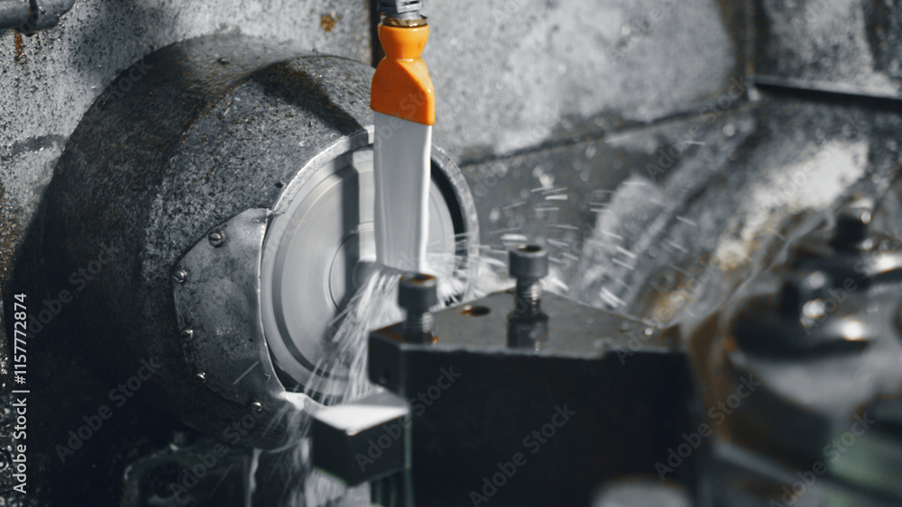 Poster spraying coolant onto a metal part during the machining process, maintaining optimal temperature con