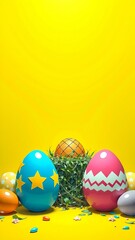 Fototapeta premium Colorful easter eggs with patterns on bright yellow background