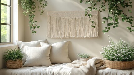 Sunlit room corner with linen cushions, plants, and wall hanging.