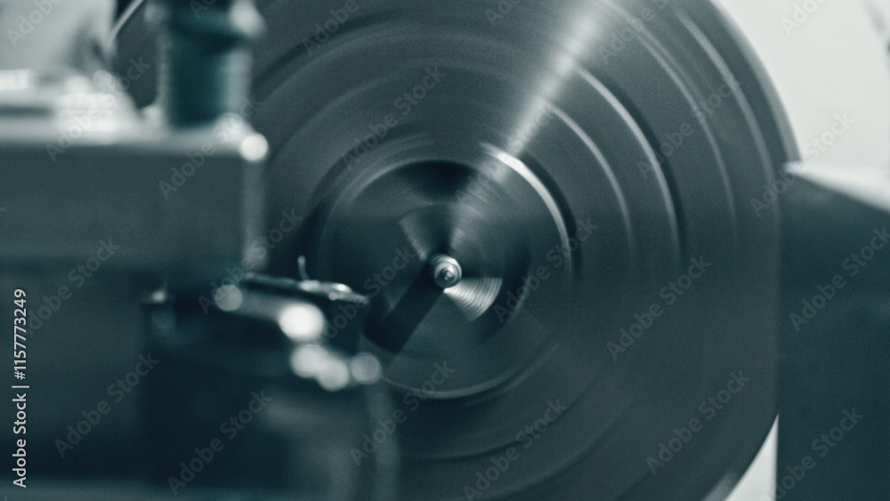 Poster close up view of a metal lathe rotating at high speed during a machining process, highlighting the i