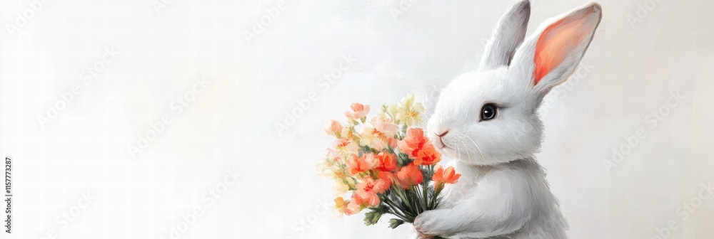Poster Cute rabbit holds bouquet of colorful flowers ready for celebration with empty space for text placement. Generative AI