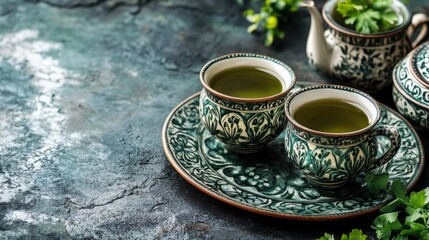 Fototapeta premium Delicate Green Tea Cups on Dark Background