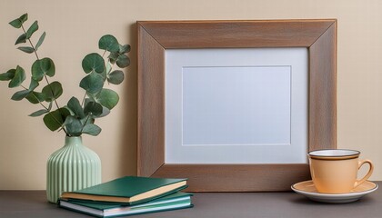 Elegant Empty Wooden Picture Frame Mockup with Poster Displayed on a Soft Beige Wall Background, Accompanied by a Stylish Green Vase for a Touch of Nature and Sophistication.