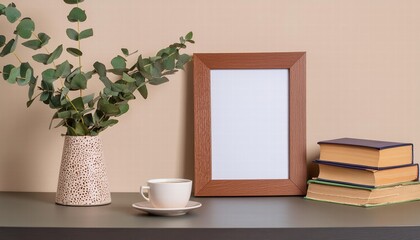 Elegant Empty Wooden Picture Frame Mockup with Poster Displayed on a Soft Beige Wall, Complemented by a Stylish Green Vase for a Chic and Minimalist Interior Aesthetic