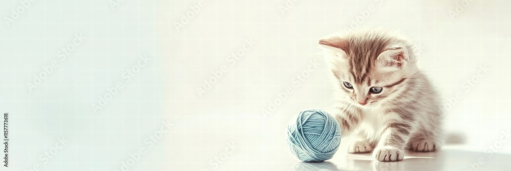 Poster cute kitten joyfully playing with a blue ball of yarn in a bright indoor space with copy space for t
