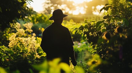 A gardeners silhouette against the backdrop of a lush