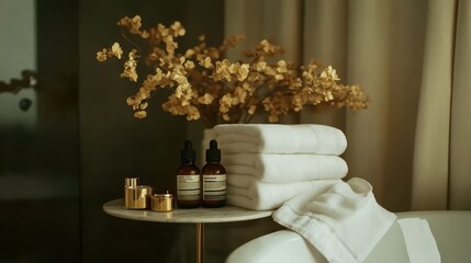 Stack of white towels, candles, and essential oils on a table near a bathtub in a bathroom. in a minimalistic, illuminated by gentle, diffused lighting, set against a neutral background 