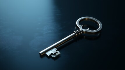 A single, intricate silver key placed on a reflective dark glass surface