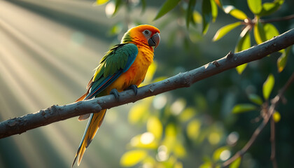 Obraz premium A colorful parrot is perched on a tree branch, 8k. isolated with white highlights