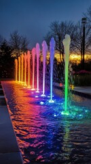 Colorful water fountain display at night in a tropical garden setting