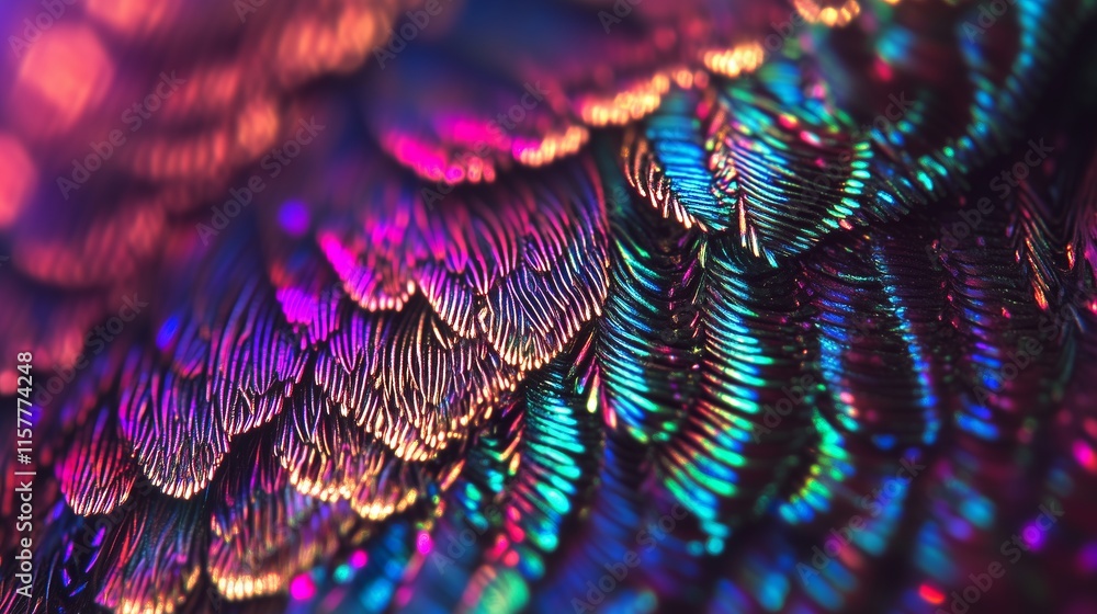 Poster close-up macro shot of vibrant peacock feather displaying intricate patterns
