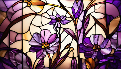 Purple stained glass flowers as a background. 