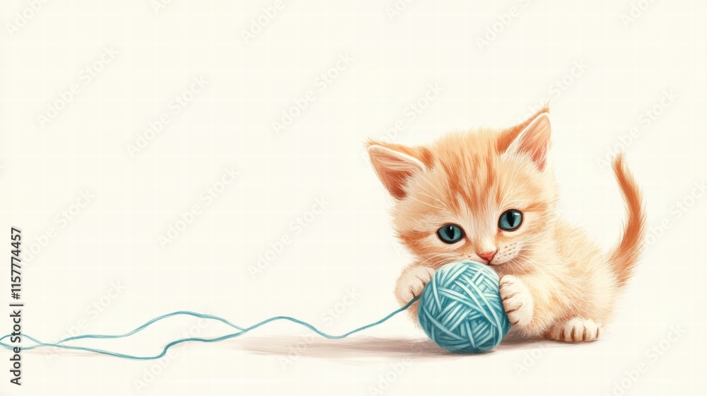 Poster cute kitten plays with a ball of yarn in a bright space perfect for creativity and fun. generative a