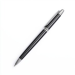 A sleek black pen positioned on a clean white background, perfect for branding and professional use.