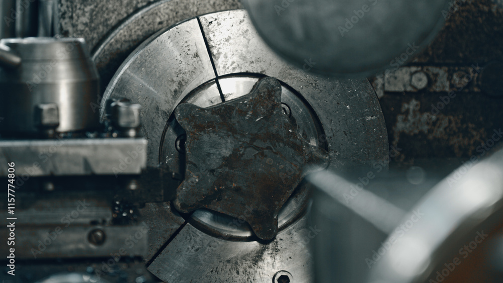 Poster close up of a metal lathe rotating and shaping a five pointed metal part in a factory, showcasing th