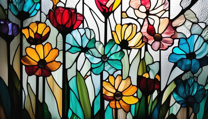 Colorful stained glass flowers as a background. 