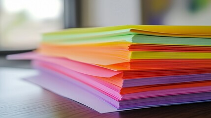 Printed paper sheets are neatly stacked on a wooden table
