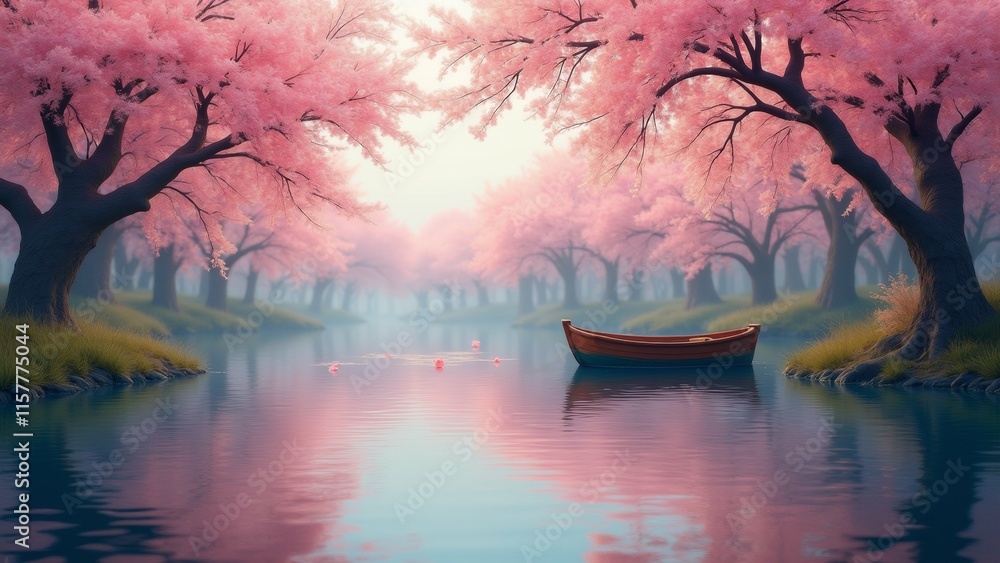 Poster the image is a beautiful landscape of a river with a row of trees on both sides. the trees are cover