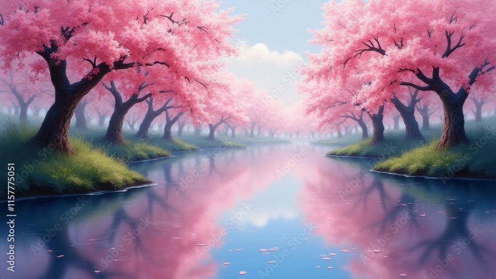 Poster the image is a beautiful landscape of a river with a row of trees on either side.